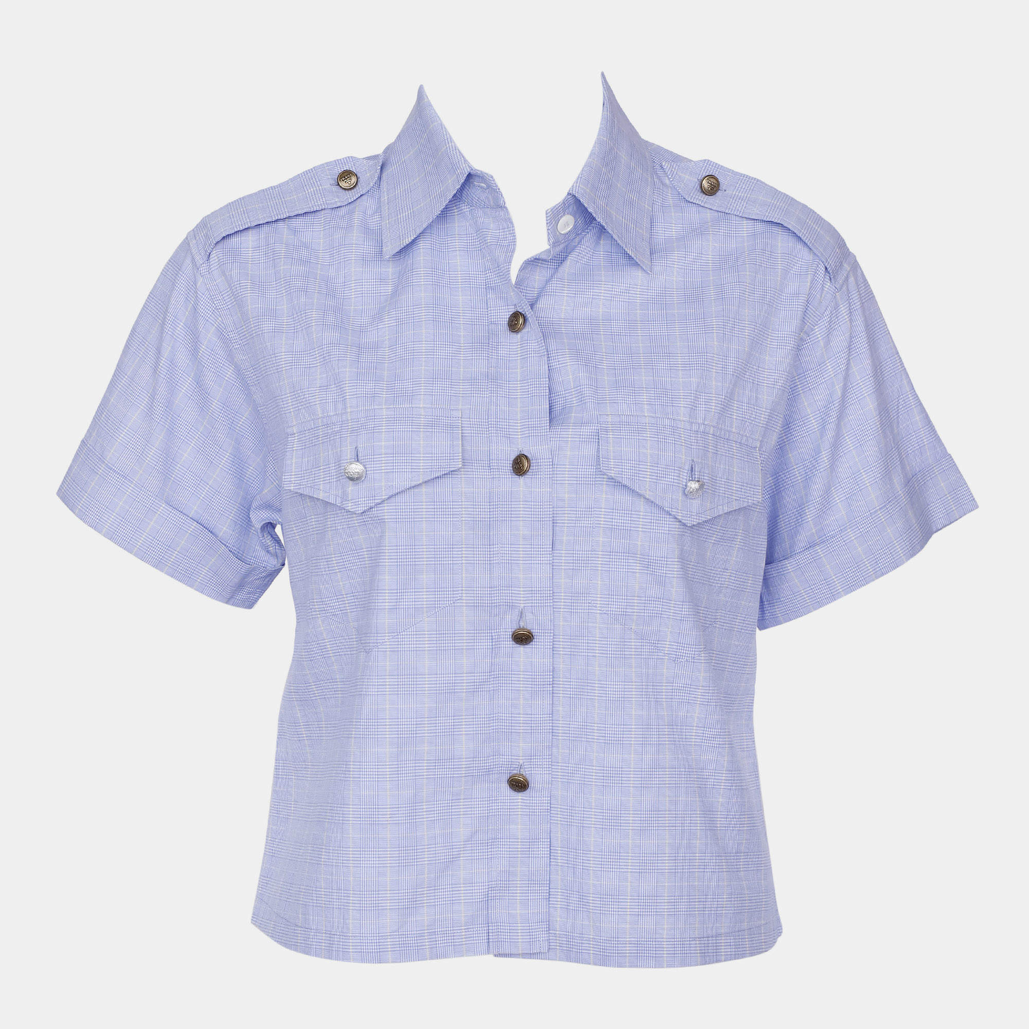 Pre Owned Prada Blue Cotton Checked Collared Cropped Top Size XS