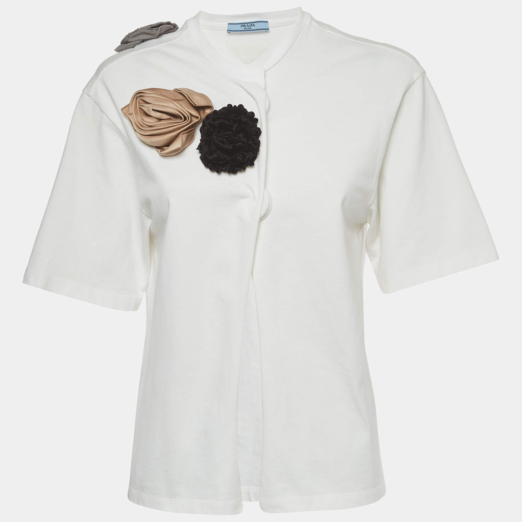 Pre Owned Prada White Cotton Floral Embellished Short Sleeve Top XS