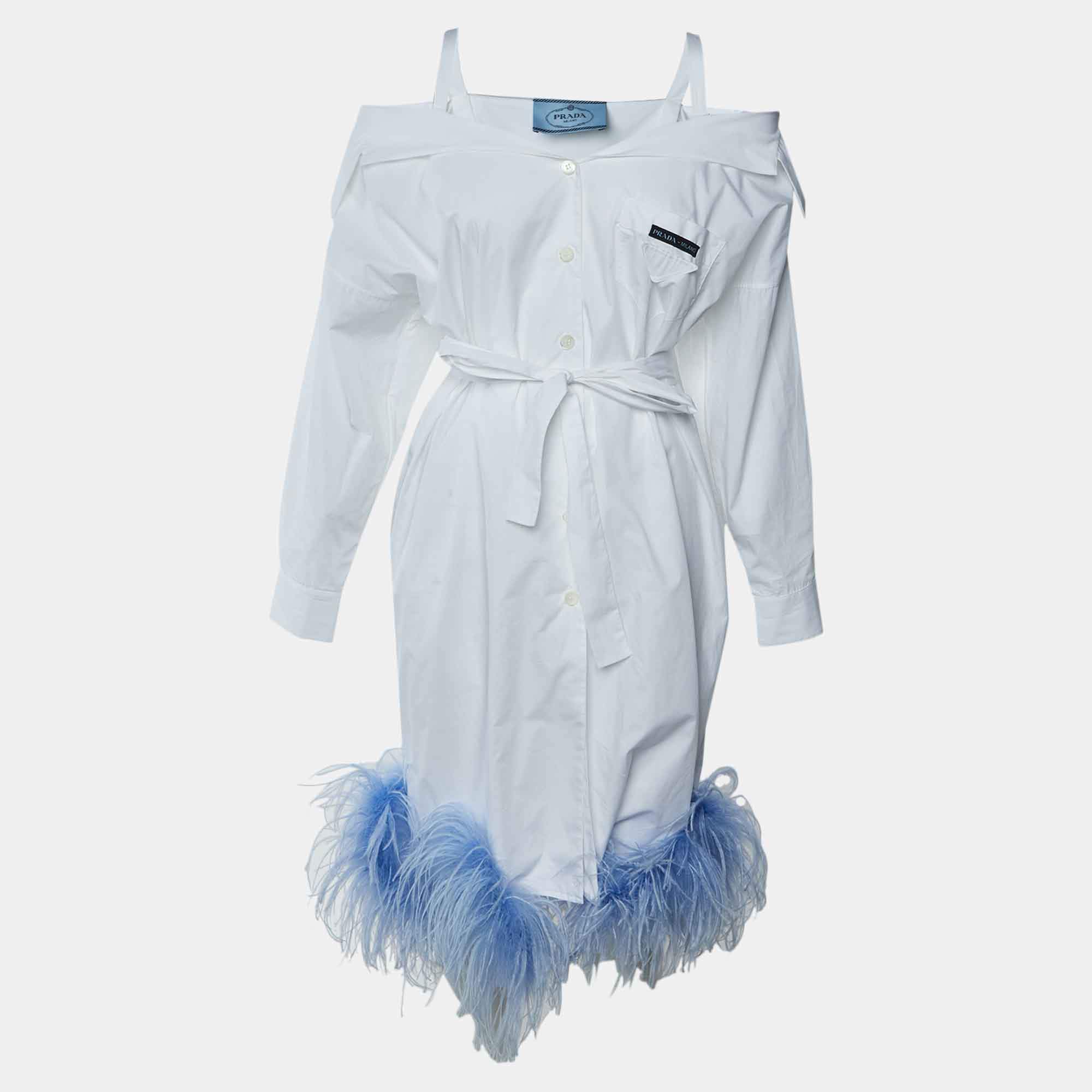Pre Owned Prada White Feather Trimmed Cold Shoulder Shirt Dress S