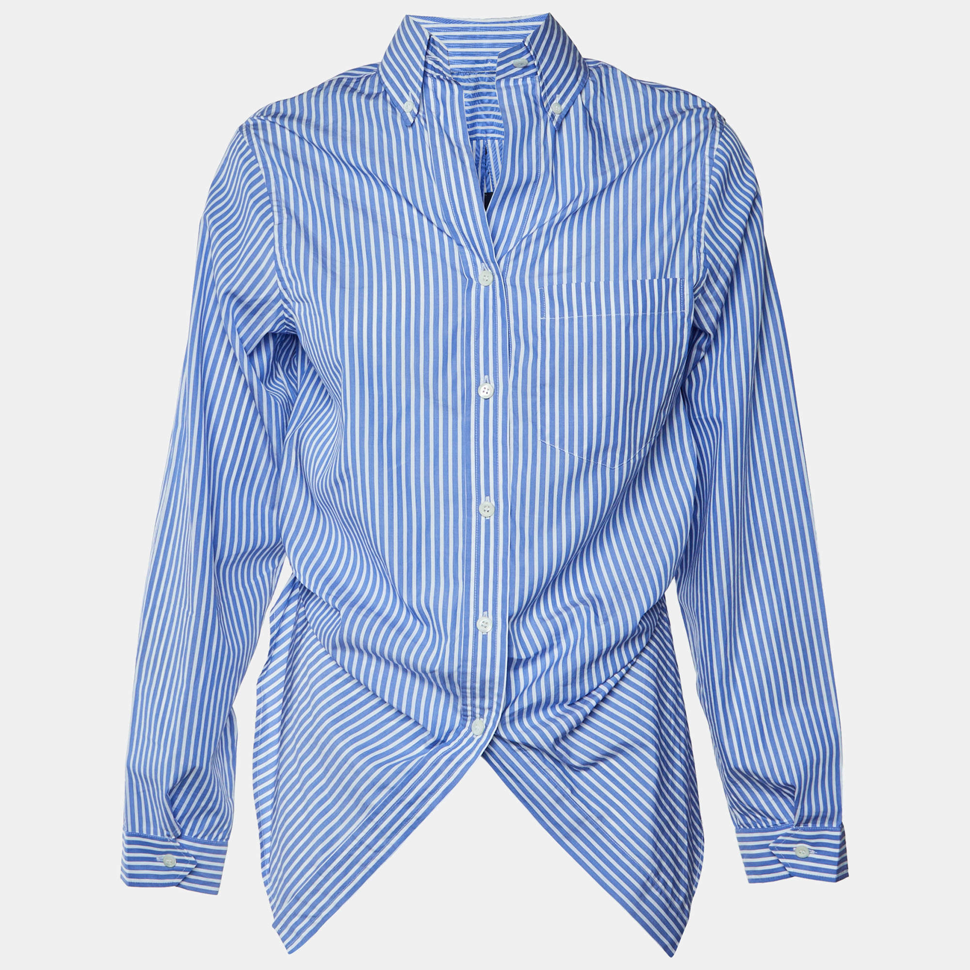 Pre Owned Prada Blue Striped Comic Print Cotton Front Tie Detail Shirt S
