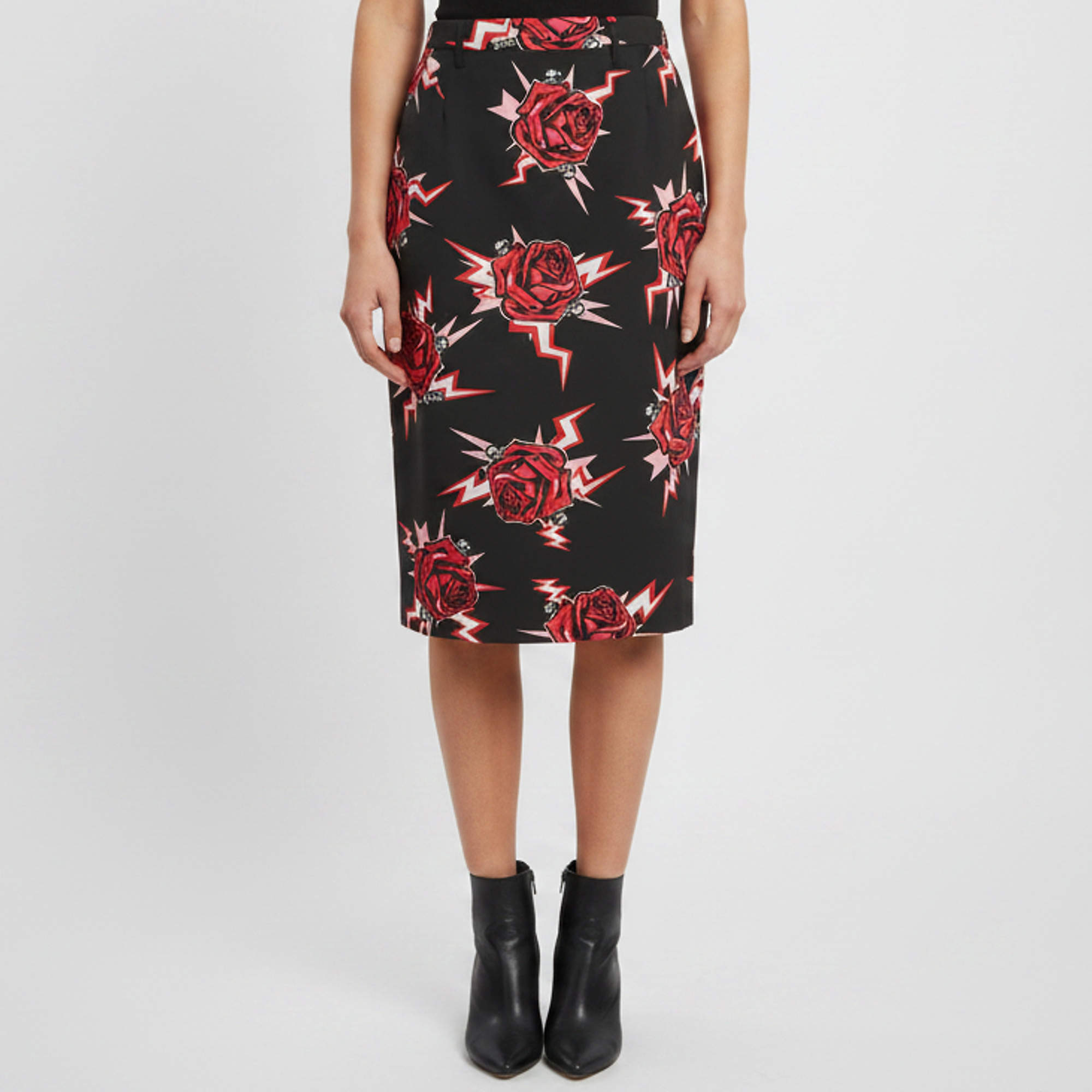 مملوكة مسبقًا Prada Black Cotton Frankenstein Rose & Lightning Print Midi Skirt M