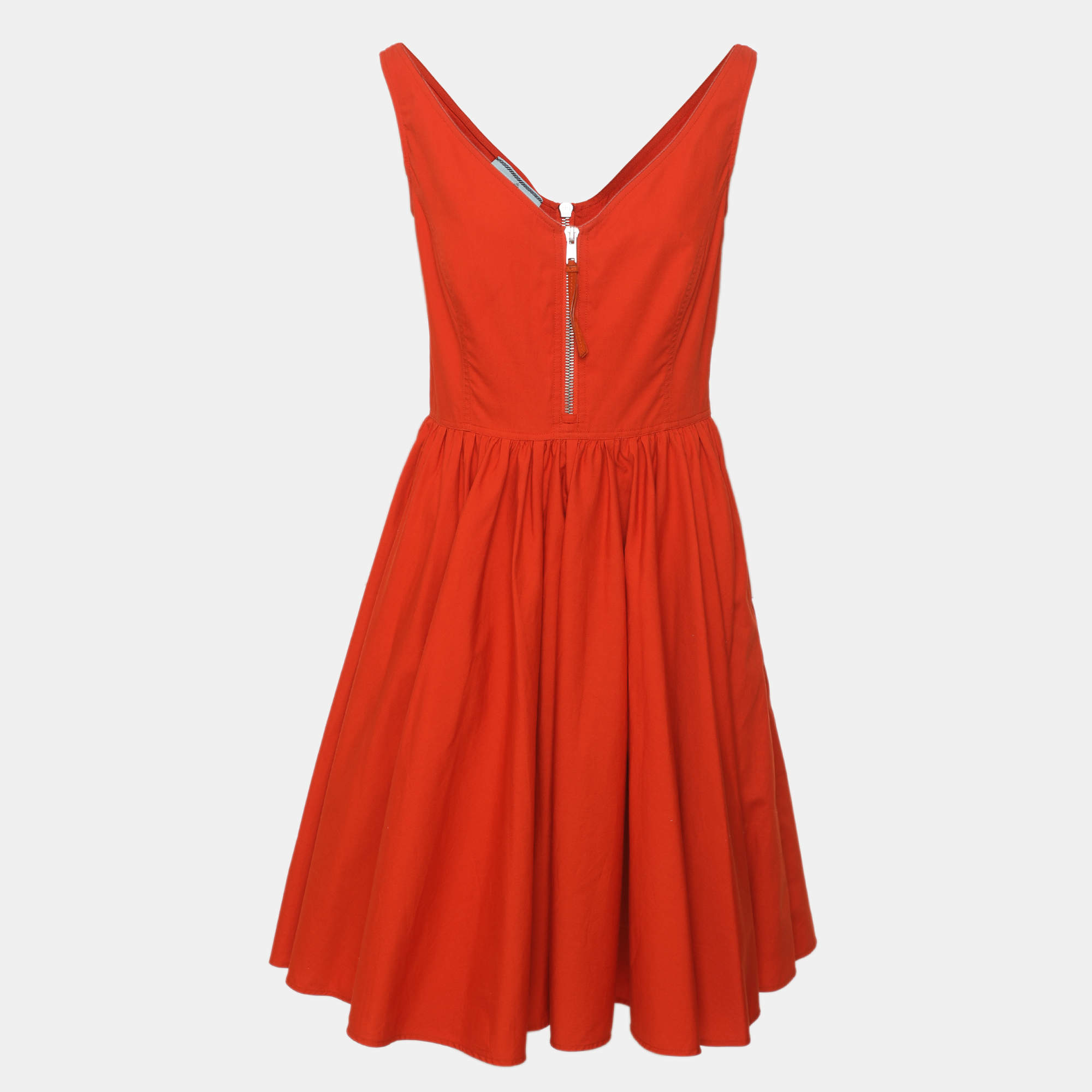 Pre Owned Prada Orange Cotton Zip Flared Mini Dress M