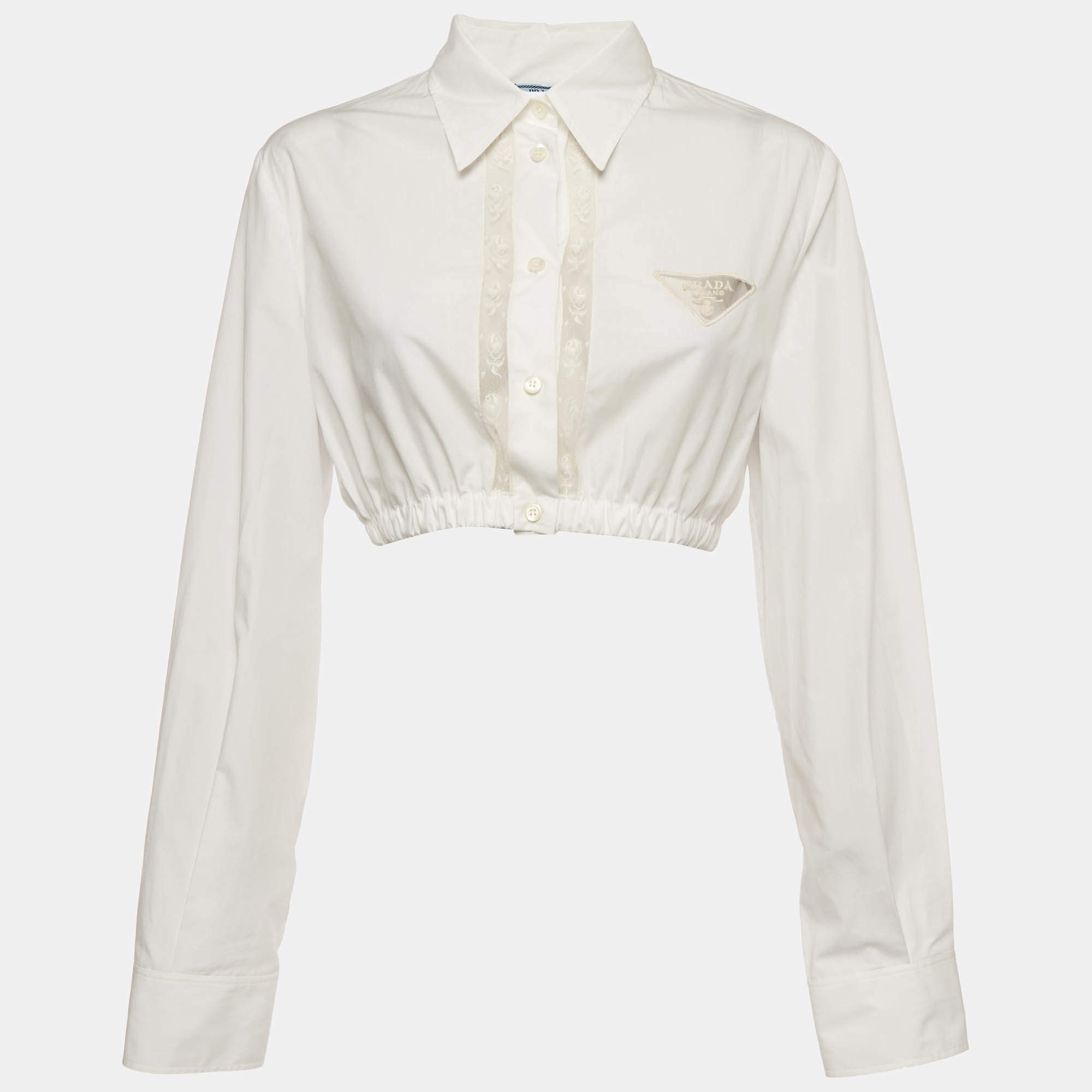Pre Owned Prada White Poplin Lace Trim Button Up Crop Top L