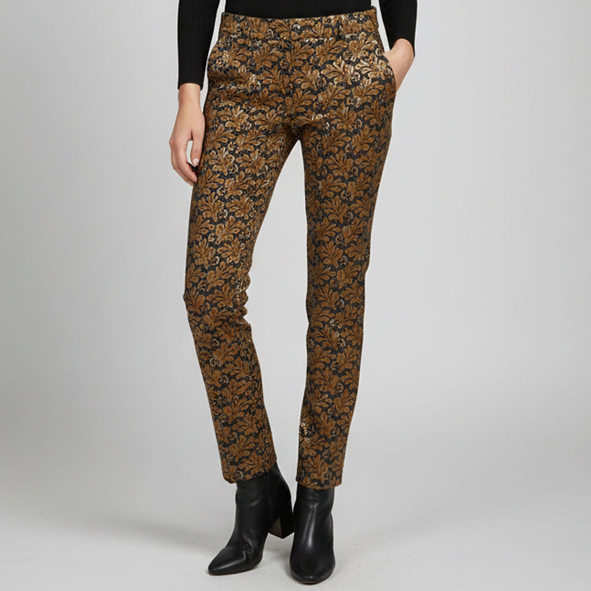 Pre Owned Prada Navy Blue/Gold Floral Jacquard Straight Leg Trousers S