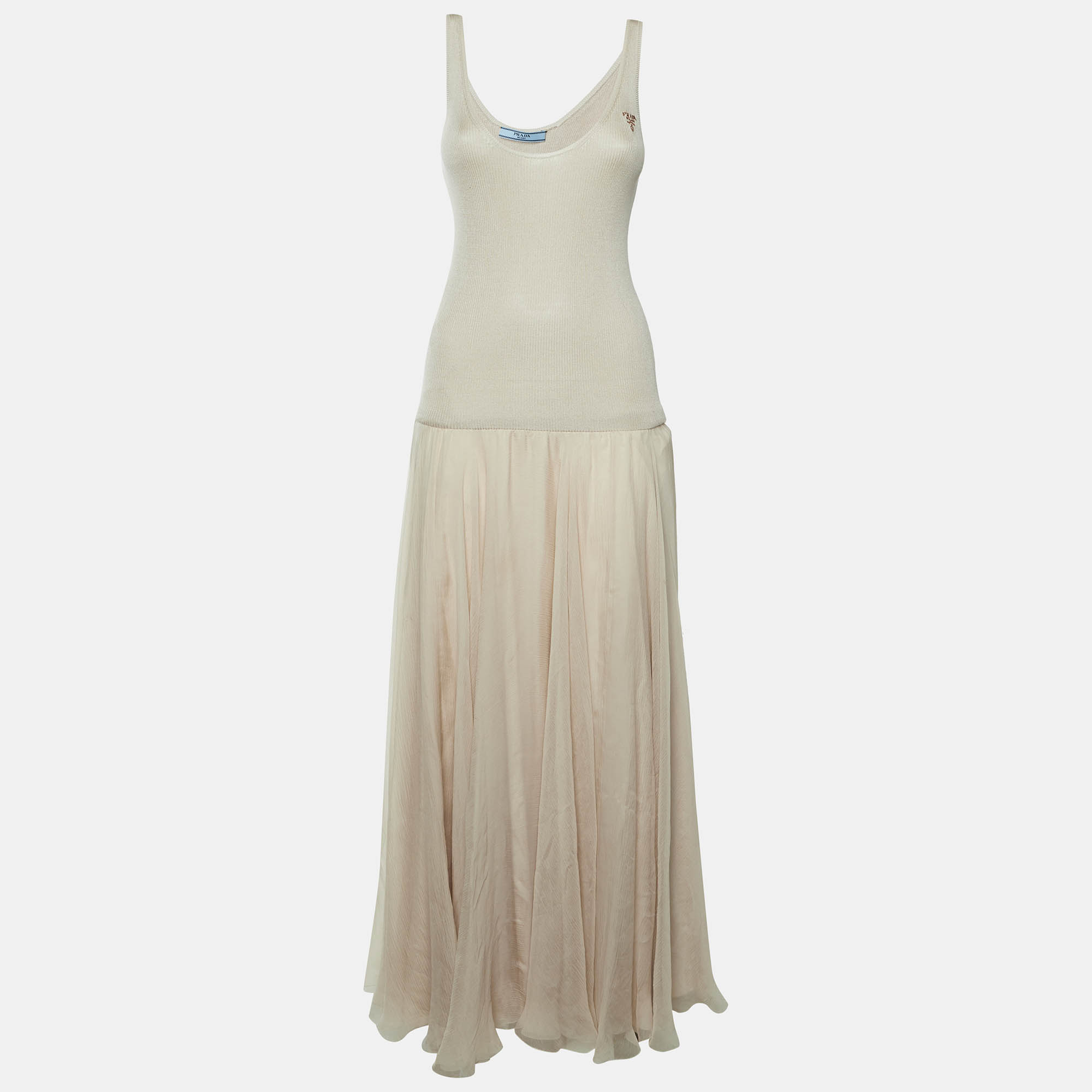 Pre Owned Prada Beige Knit and Chiffon Dropped Waist Sleeveless Maxi Dress S