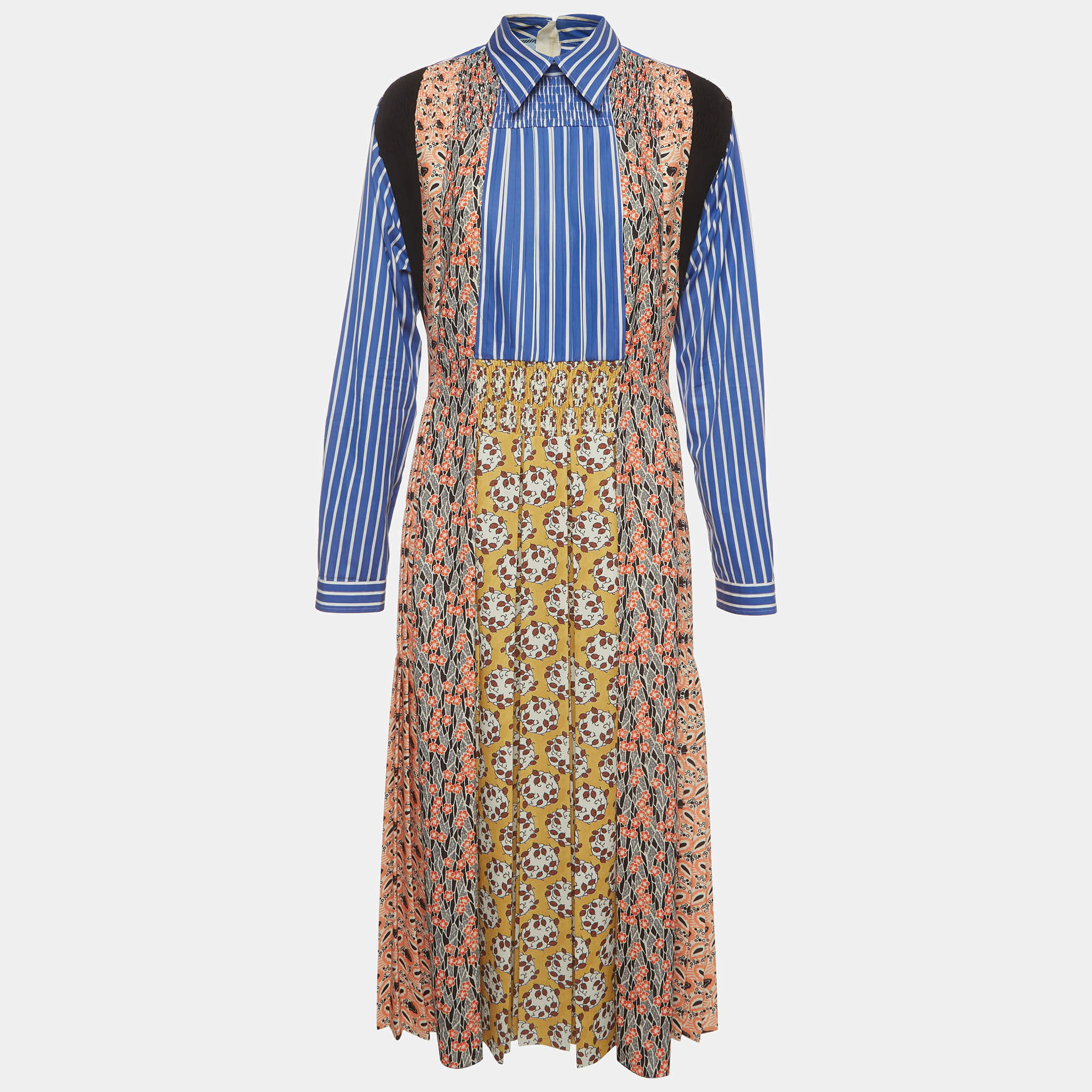 Pre Owned Prada Multicolor Printed Cotton and Crepe Long Sleeve Dress M  