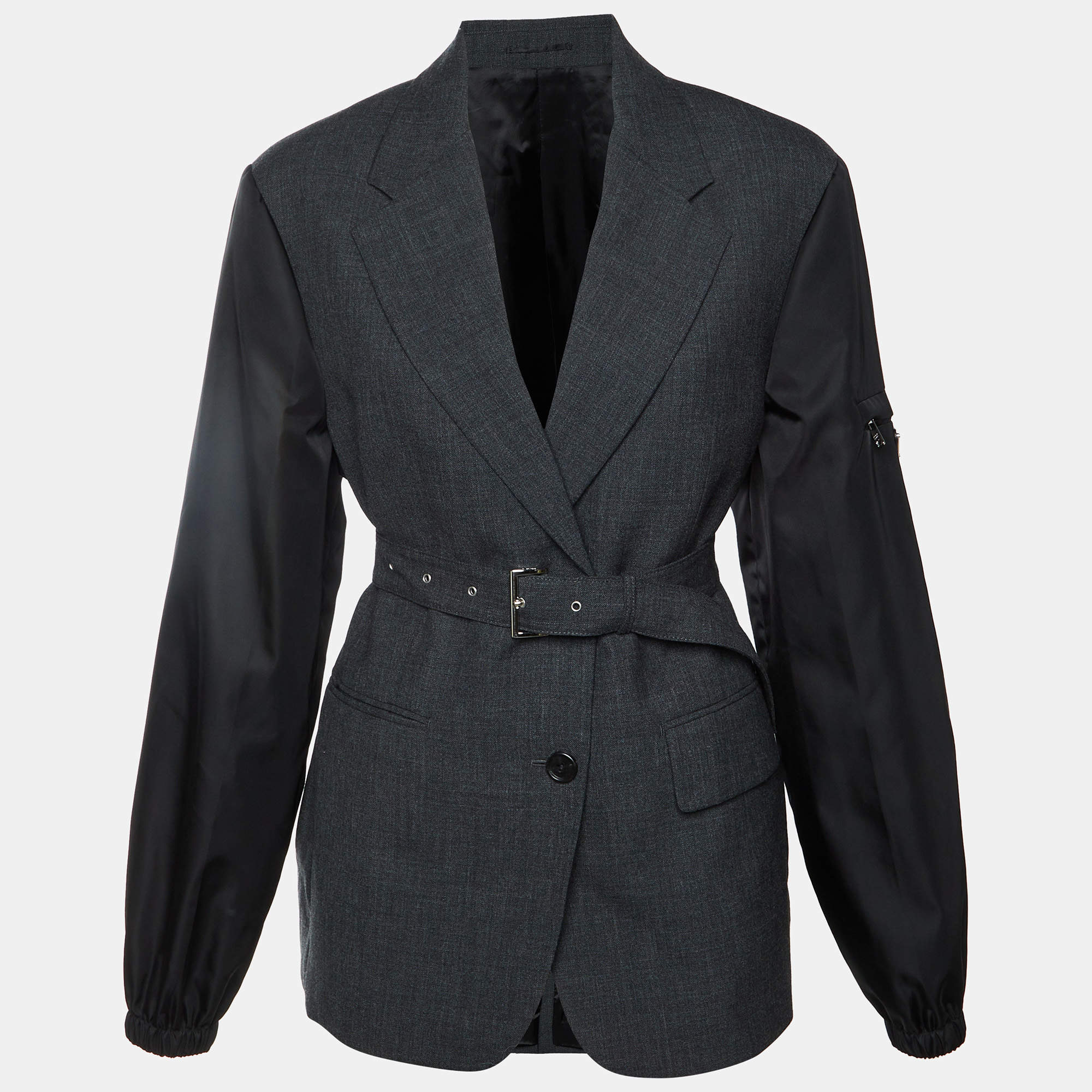 مملوكة مسبقًا Prada Charcoal Grey/Black Wool and Re-Nylon Single Breasted Blazer M