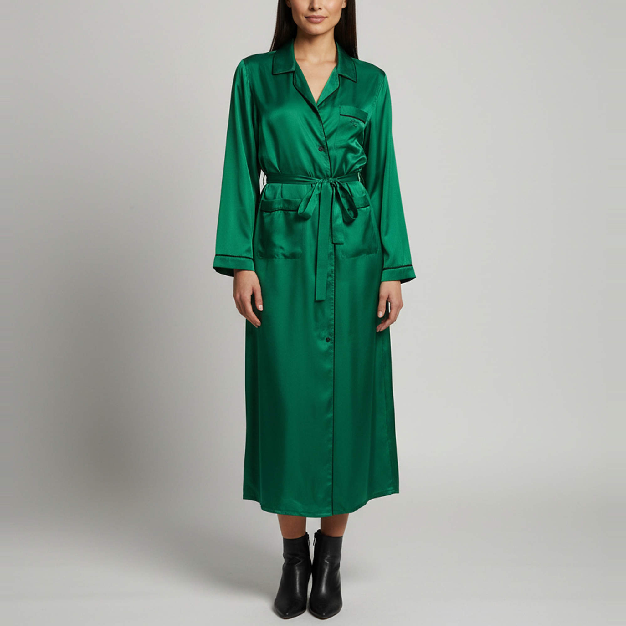 Pre Owned Prada Green Silk Satin Belted Pajama Maxi Shirt Dress M