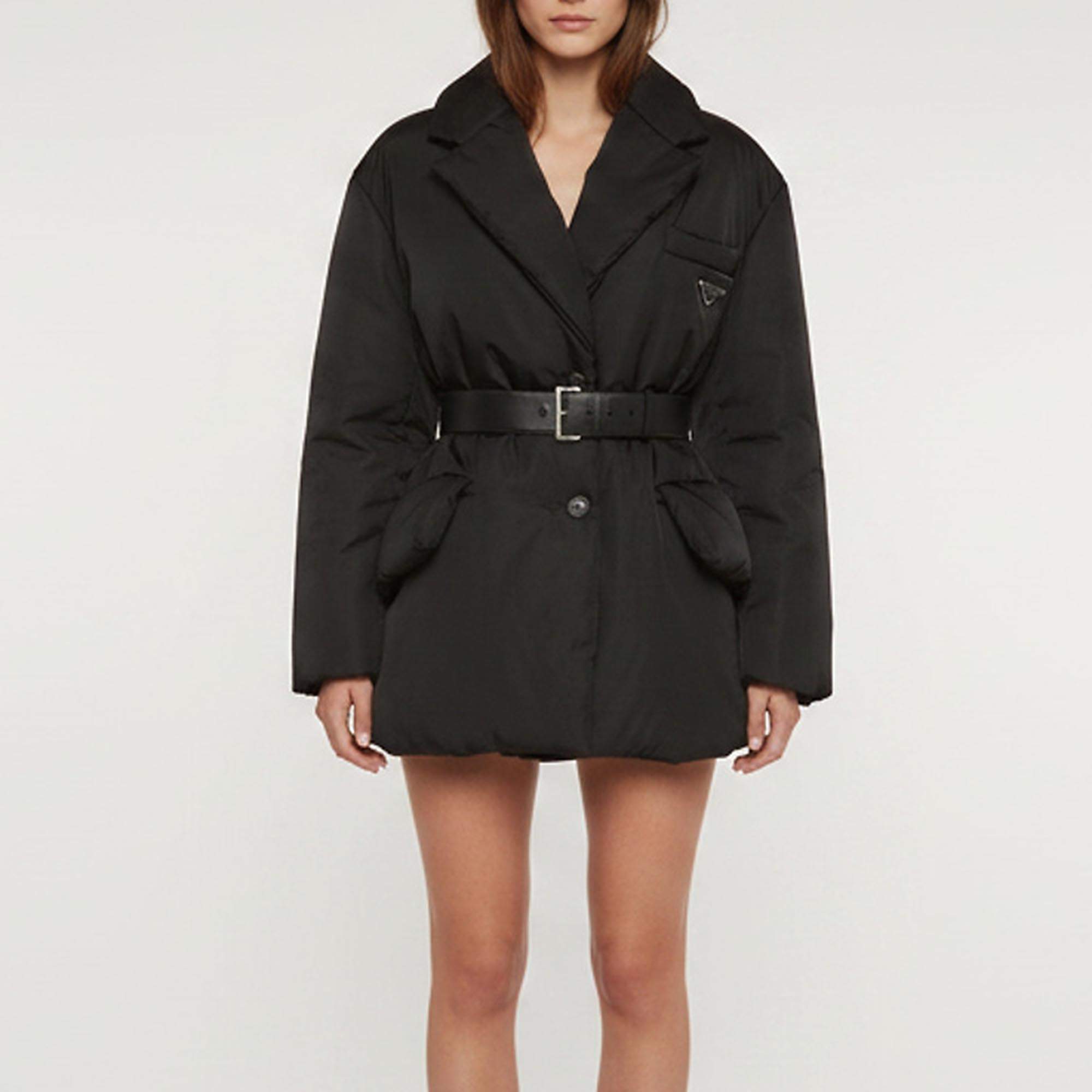 Pre Owned Prada Black Re-Nylon Gabardine Belted Puffer Down Jacket S