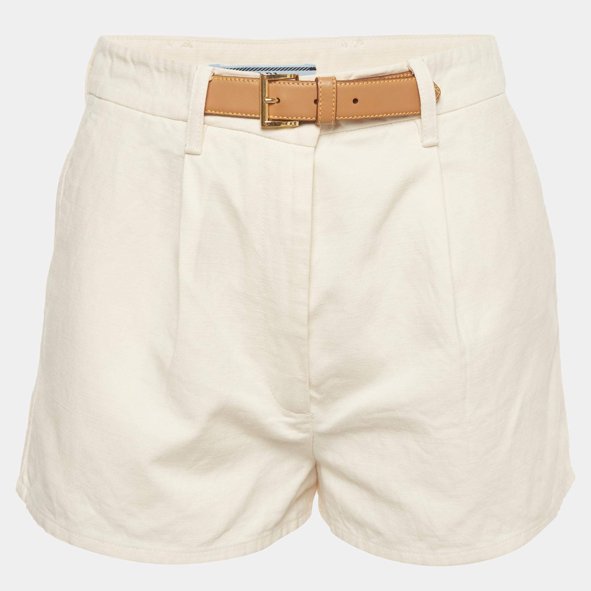 Pre Owned Prada White Canvas Regular Fit Shorts S