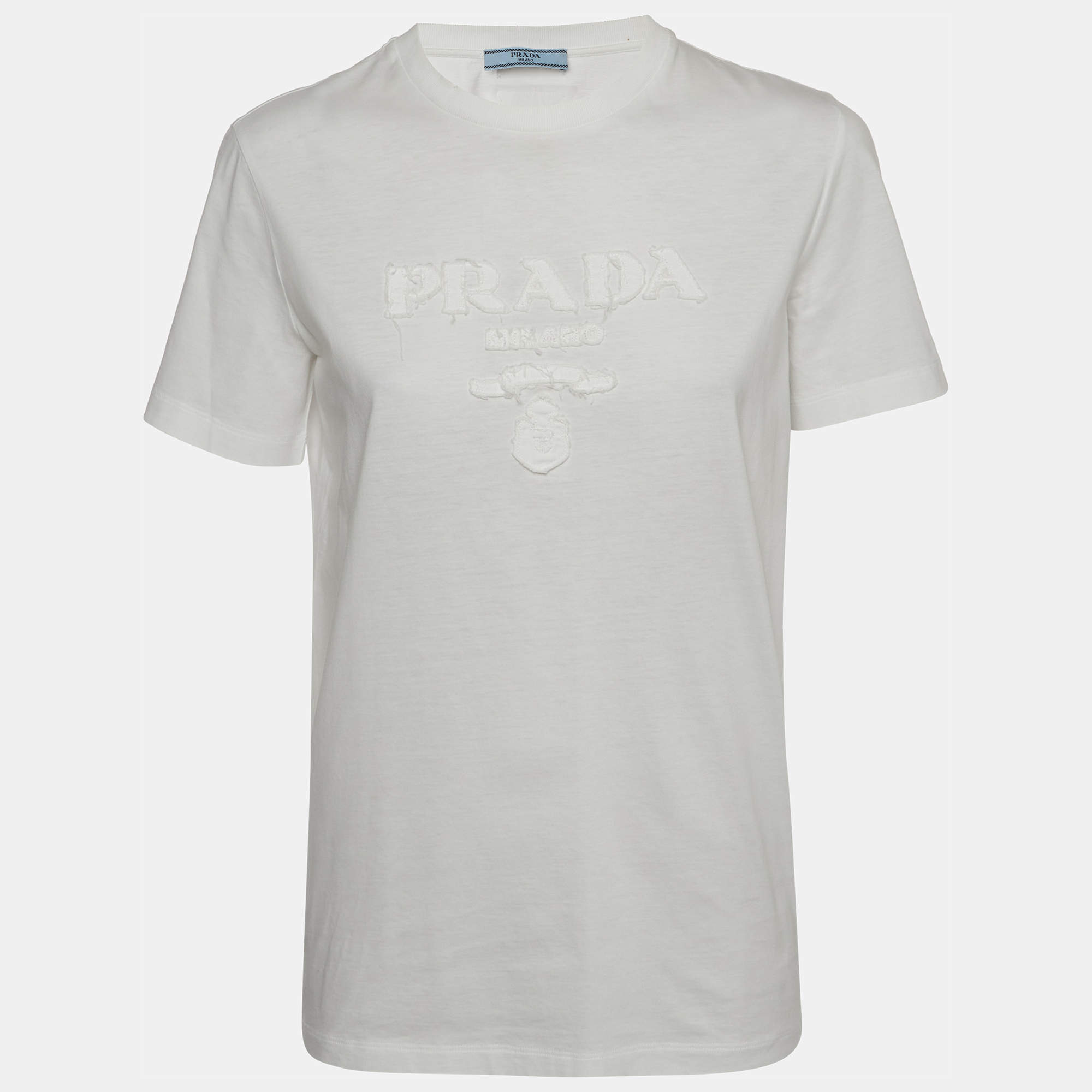 Pre Owned Prada White Logo Appliqué Distressed Jersey T-Shirt XS