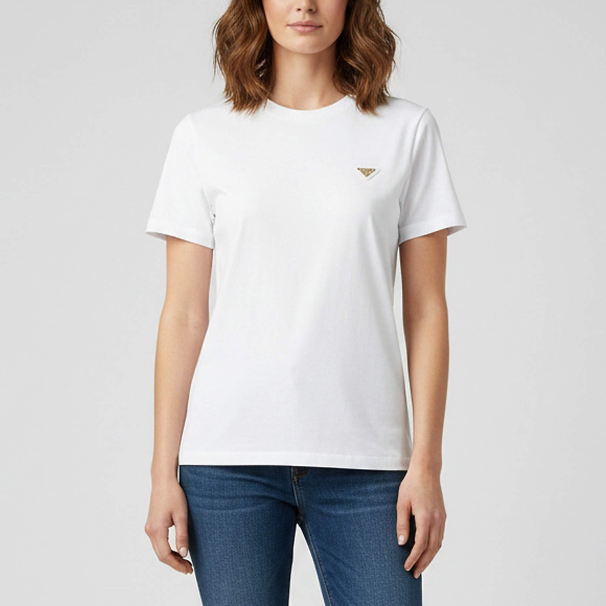 Pre Owned Prada White Triangle Logo Plaque Short Sleeve Crewneck T-Shirt XS