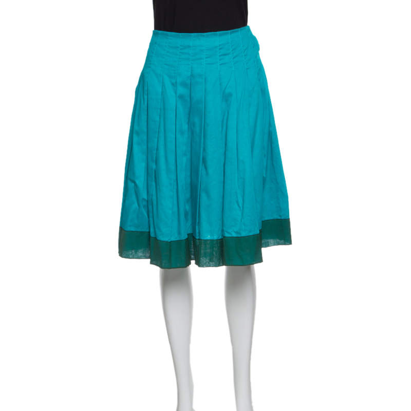 Pre Owned Prada Blue Cotton Contrast Silk Trim Detail Pleated Skirt M