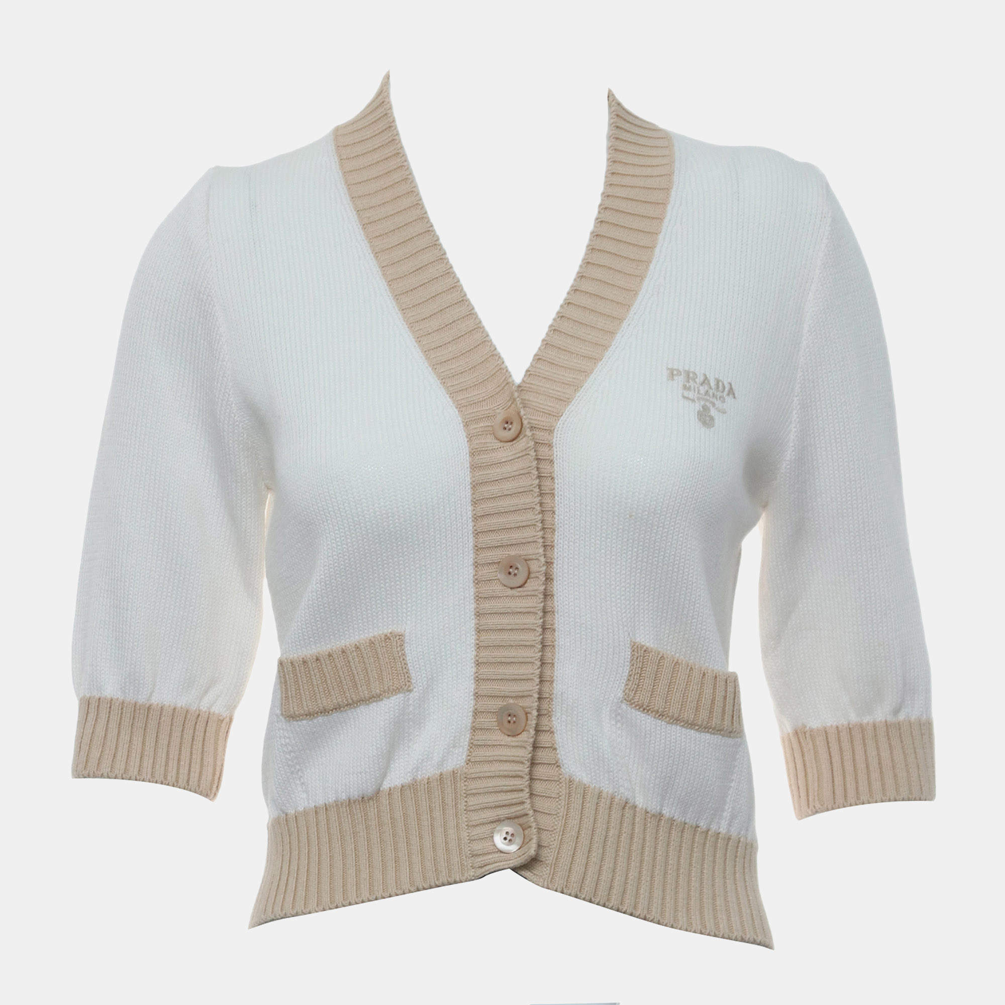 مملوكة مسبقًا Prada Logo Beige/White Cotton Short Sleeve Knit Cardigan Size S