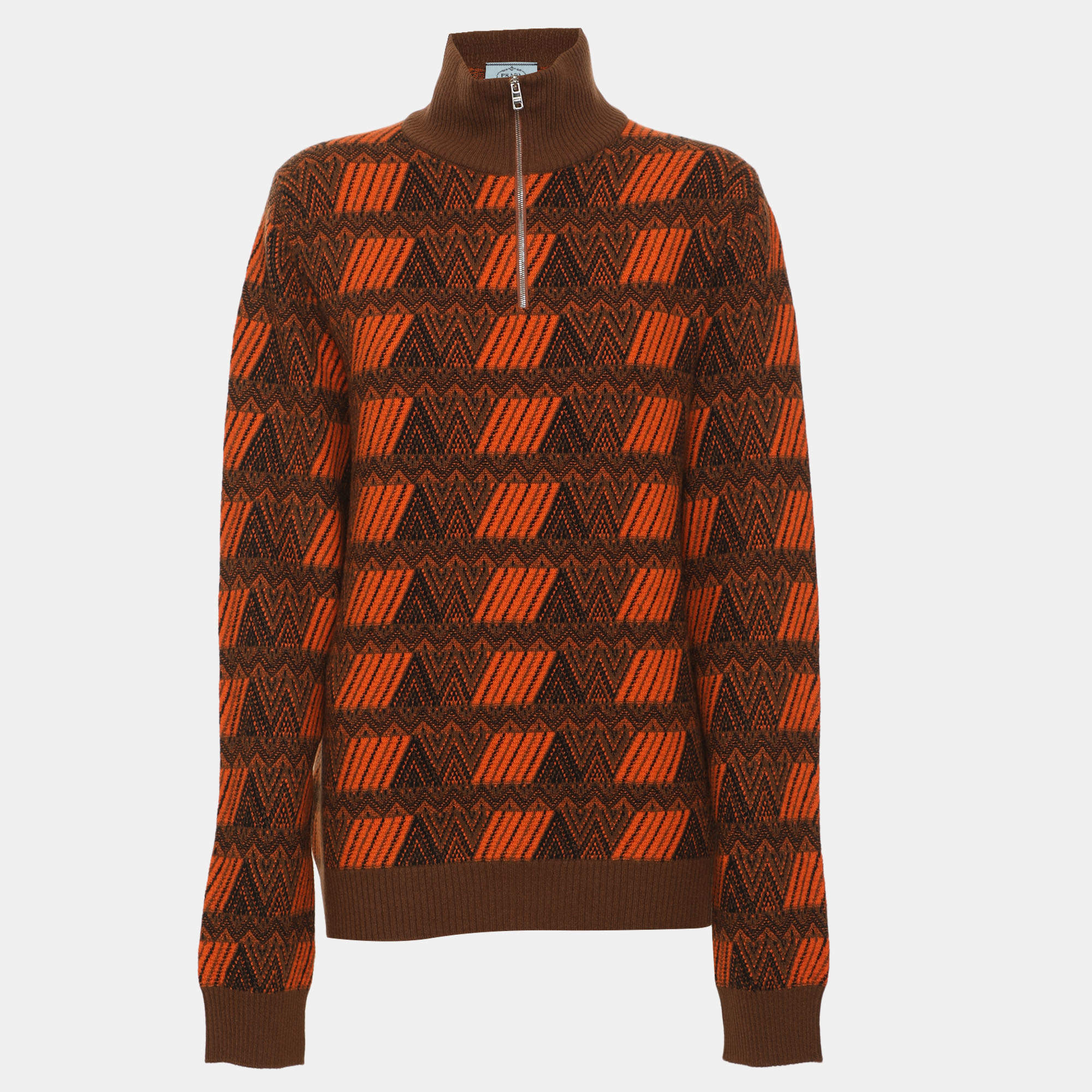 Pre Owned Prada Orange Wool Blend Jacquard Sweater M