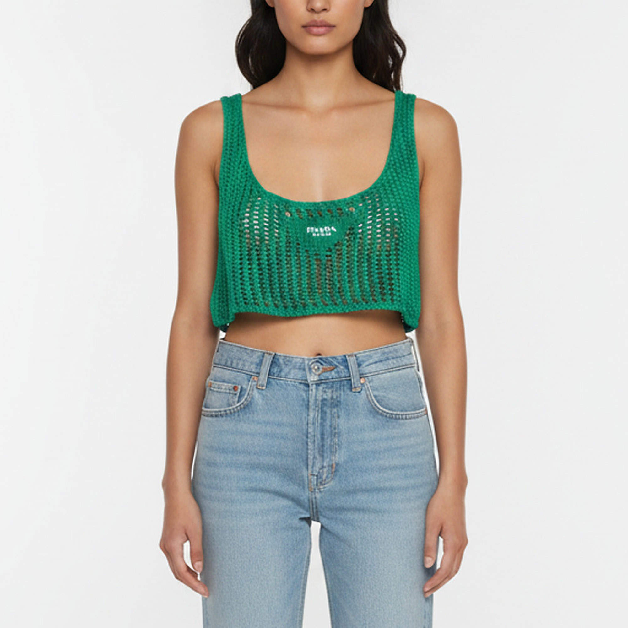 Pre Owned Prada Green Logo Embroidered Crochet Sheer Crop Top XS