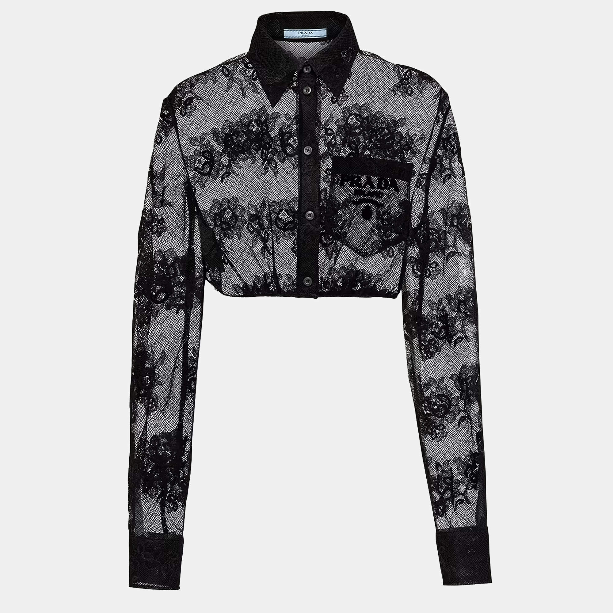 Pre Owned Prada Black Floral Lace Sheer Buttoned Crop Top S