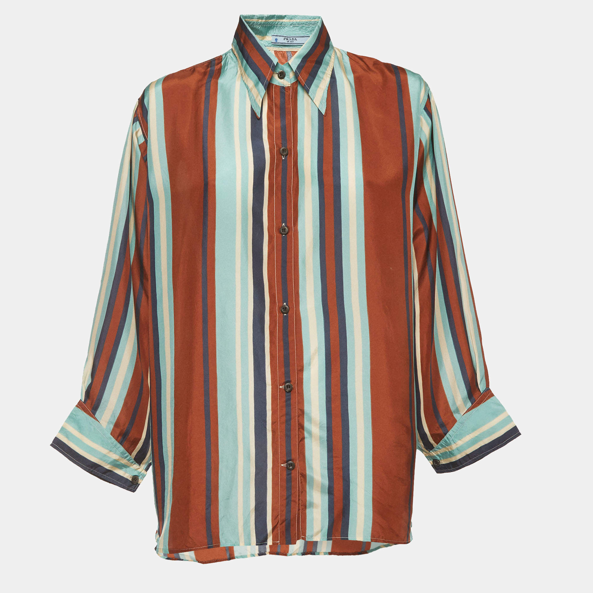 Pre Owned Prada Blue/Brown Striped Silk Button-Down Shirt M