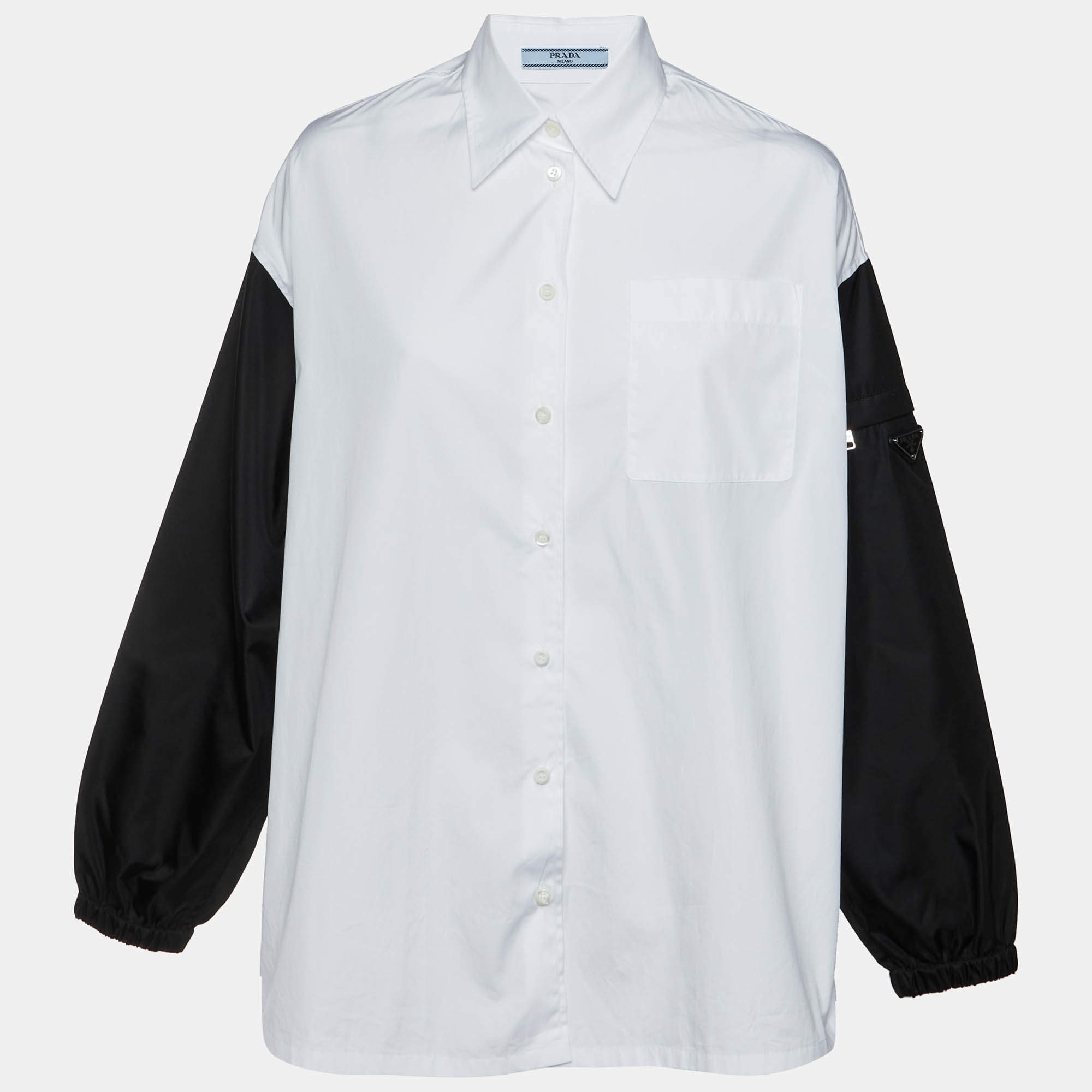 Pre Owned Prada White/Black Cotton Contrast Sleeve Oversized Shirt S