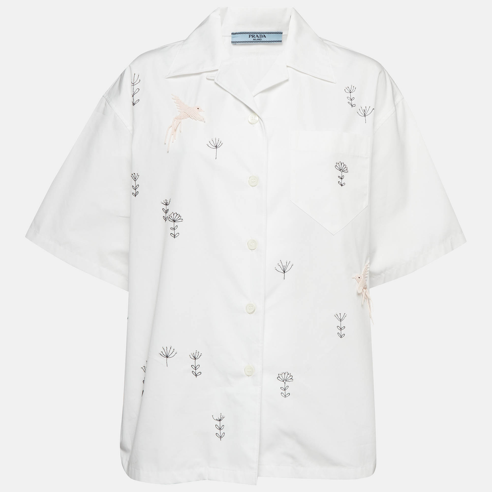 Pre Owned Prada White Embroidered Poplin Short Sleeve Bowling Shirt S
