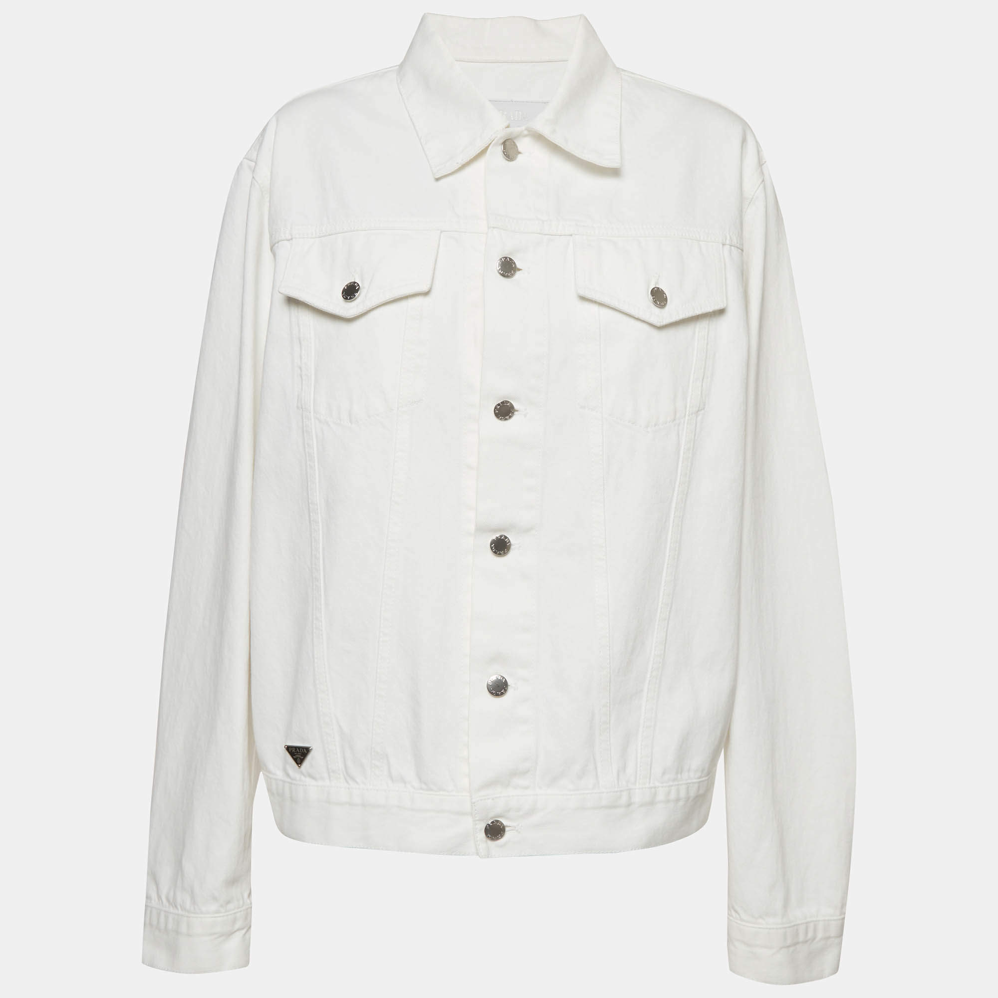 Pre Owned Prada White Triangle Logo Plaque Embellished Denim Blouson Jacket XXL 