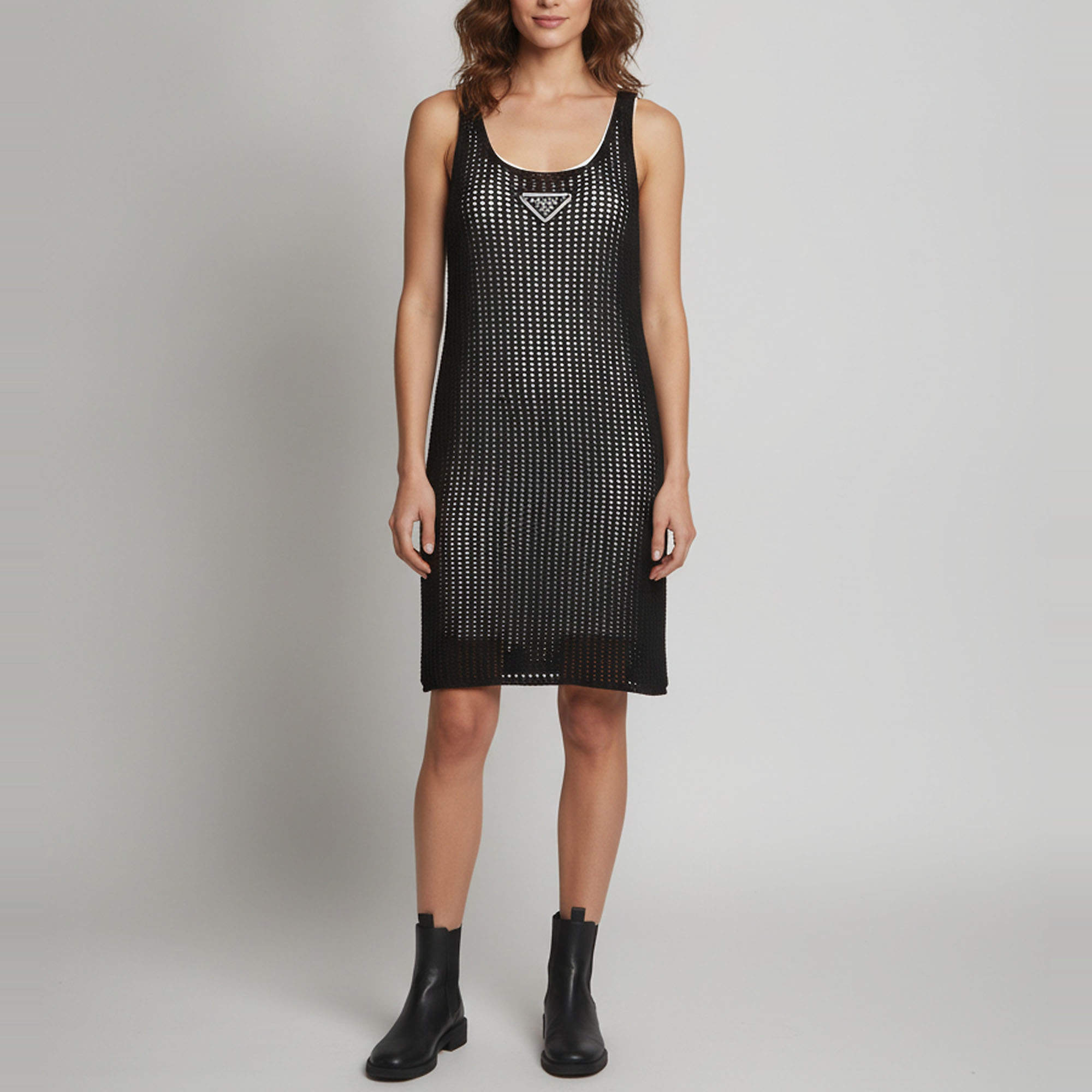 Pre Owned Prada Black Logo Embroidered Crochet Sleeveless Mini Dress S