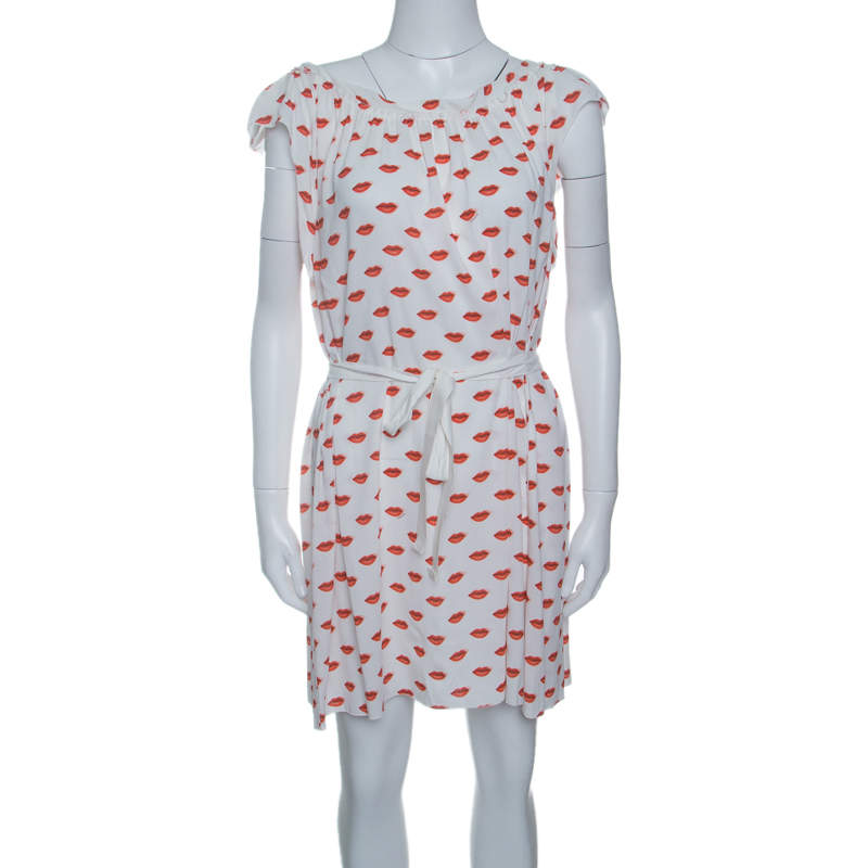 Pre Owned Prada White and Red Lip Print Pleated Waist Tie Detail Dress S