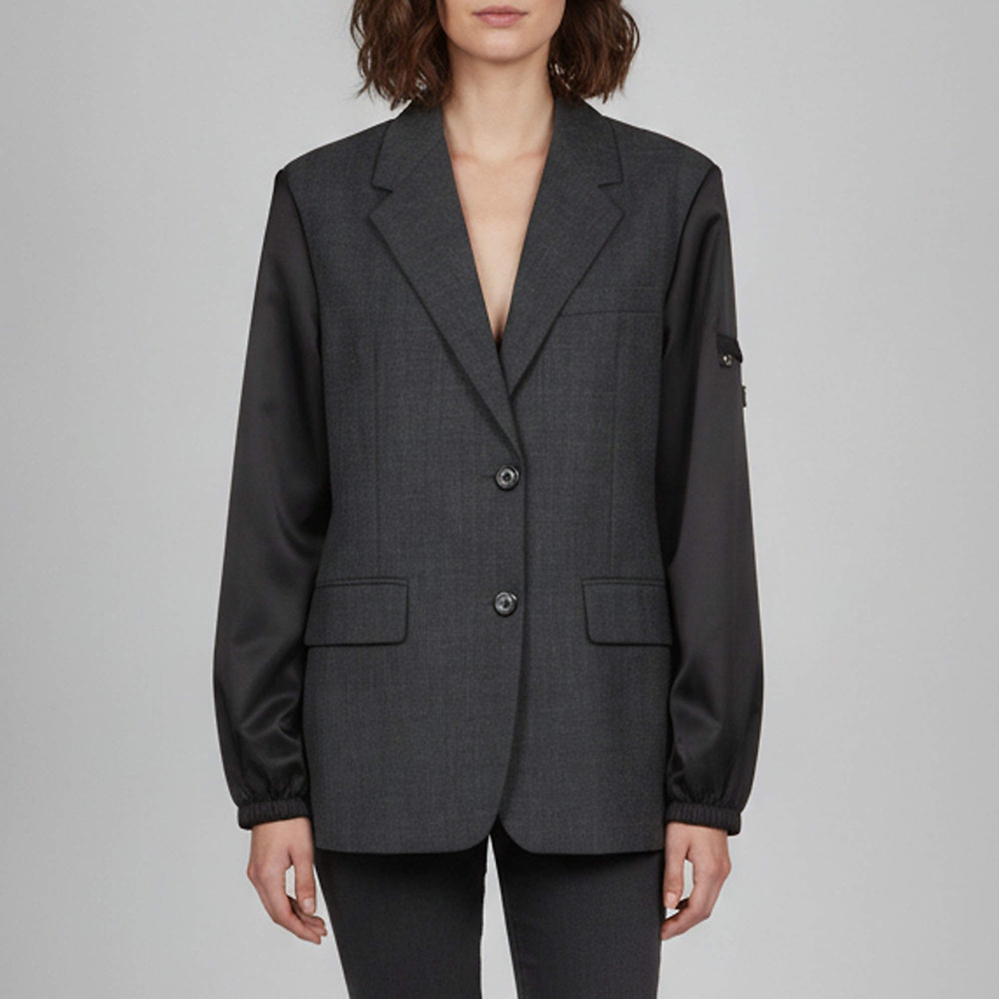 Pre Owned Prada Grey Embellished Triangle Logo Plaque Wool & Nylon Tailored Jacket S