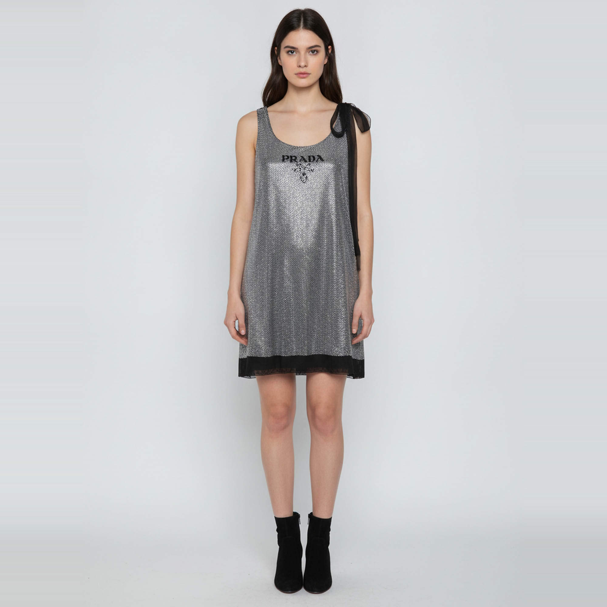 Pre Owned Prada Silver/Black Silk Logo Rhinestone Embellished Mini Slip Dress L