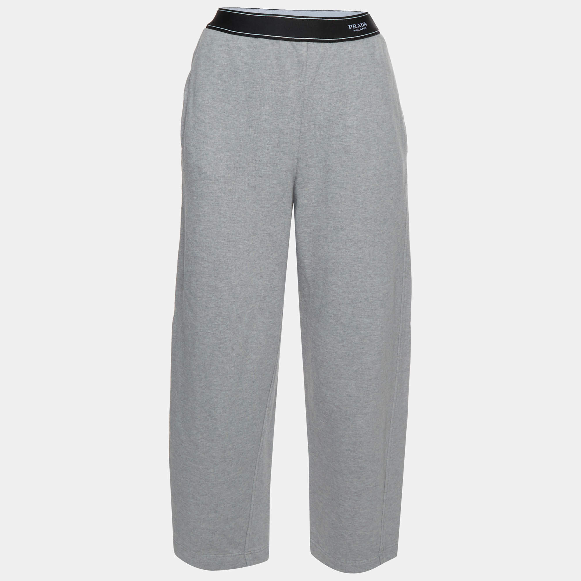 Pre Owned Prada Grey Jersey Logo Band Wide-Leg Joggers S