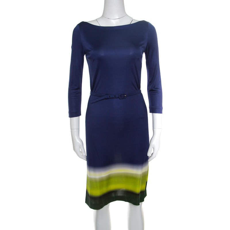 Prada Multicolor Silk Jersey Long Sleeve Belted Dress S