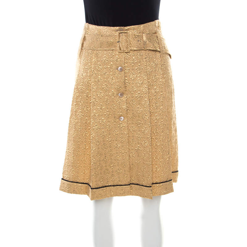 Pre Owned Prada Gold Floral Embossed Jacquard Belted Pleated Midi Skirt S