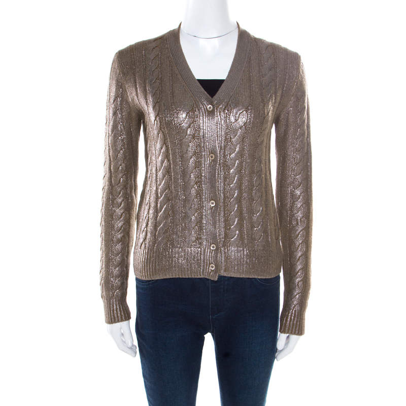 Pre Owned Prada Brown Metallic Coated Cable Knit Wool and Cashmere Cardigan S