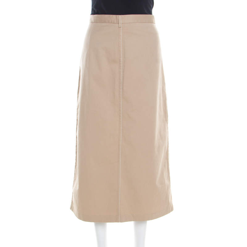 Prada Beige Cotton Contrast Top Stitch Detail Midi Skirt L