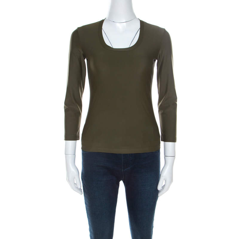Pre Owned Prada Olive Green Silk Blend Pocket Detail Long Sleeve Top XS