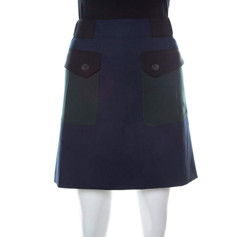 Pre Owned تنورة ميني برادا تويل كتل لونية جيوب مزينة S