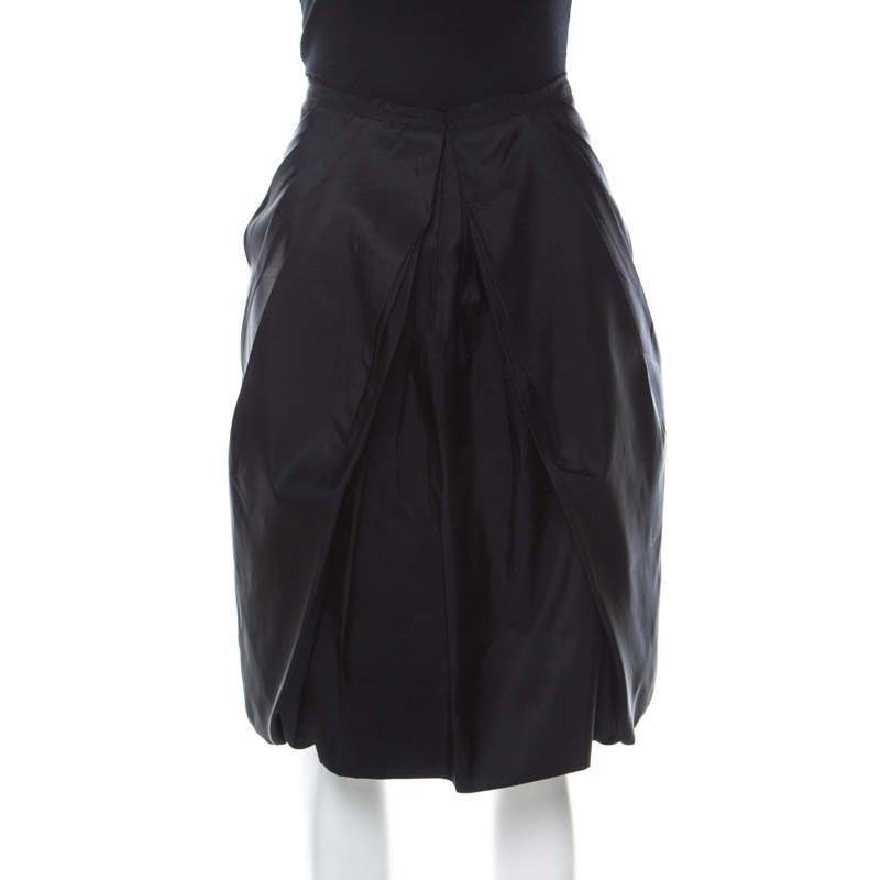 Prada Black Coated Silk Pleated Bubble Skirt M 