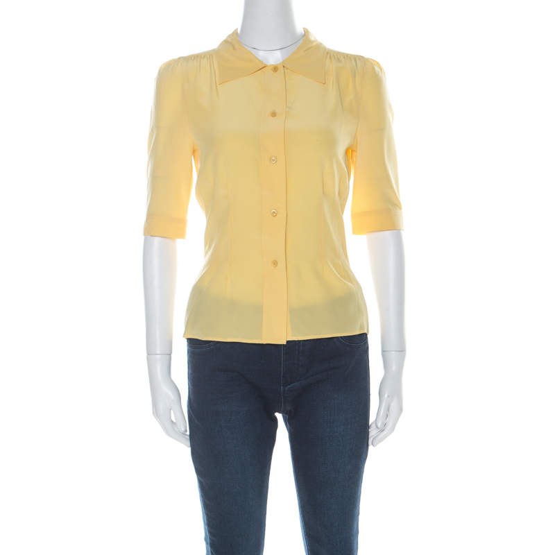Pre Owned Prada Yellow Silk Button Down Short Sleeve Shirt M