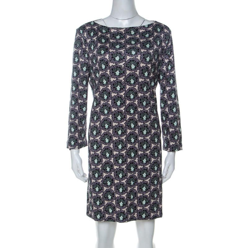 Prada Multicolor Floral Paisely Printed Silk Jersey Long Sleeve Shift Dress L 