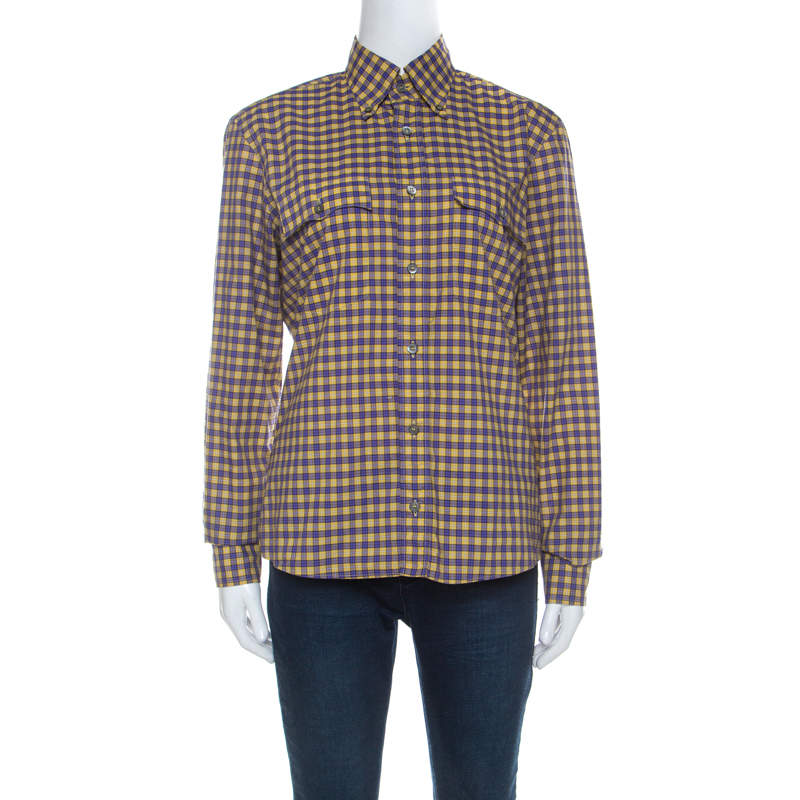 Pre Owned Prada Purple and Yellow Checked Cotton Button Front Shirt S
