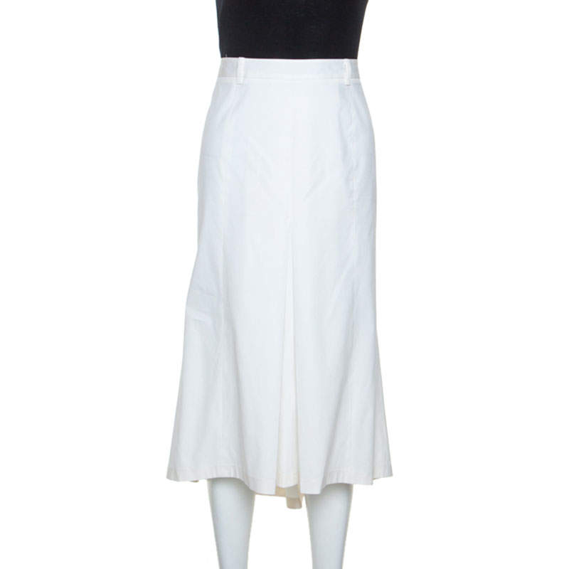 Pre Owned Prada Off White Cotton Blend Midi Skirt L