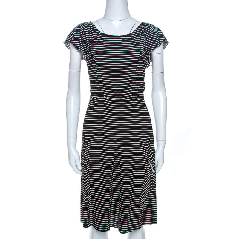 Prada Black and White Crepe Illusion Stripe Butterfly Sleeve Dress M ...