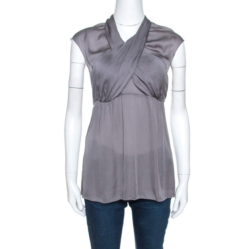 Prada Grey Silk Draped Front Short Sleeve Tunic Top M 