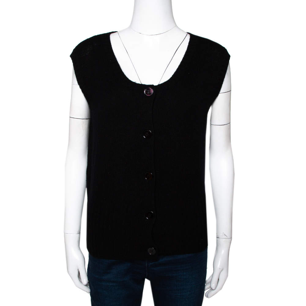 Prada Black Cashmere Knit Button Front Sleeveless Cardigan S