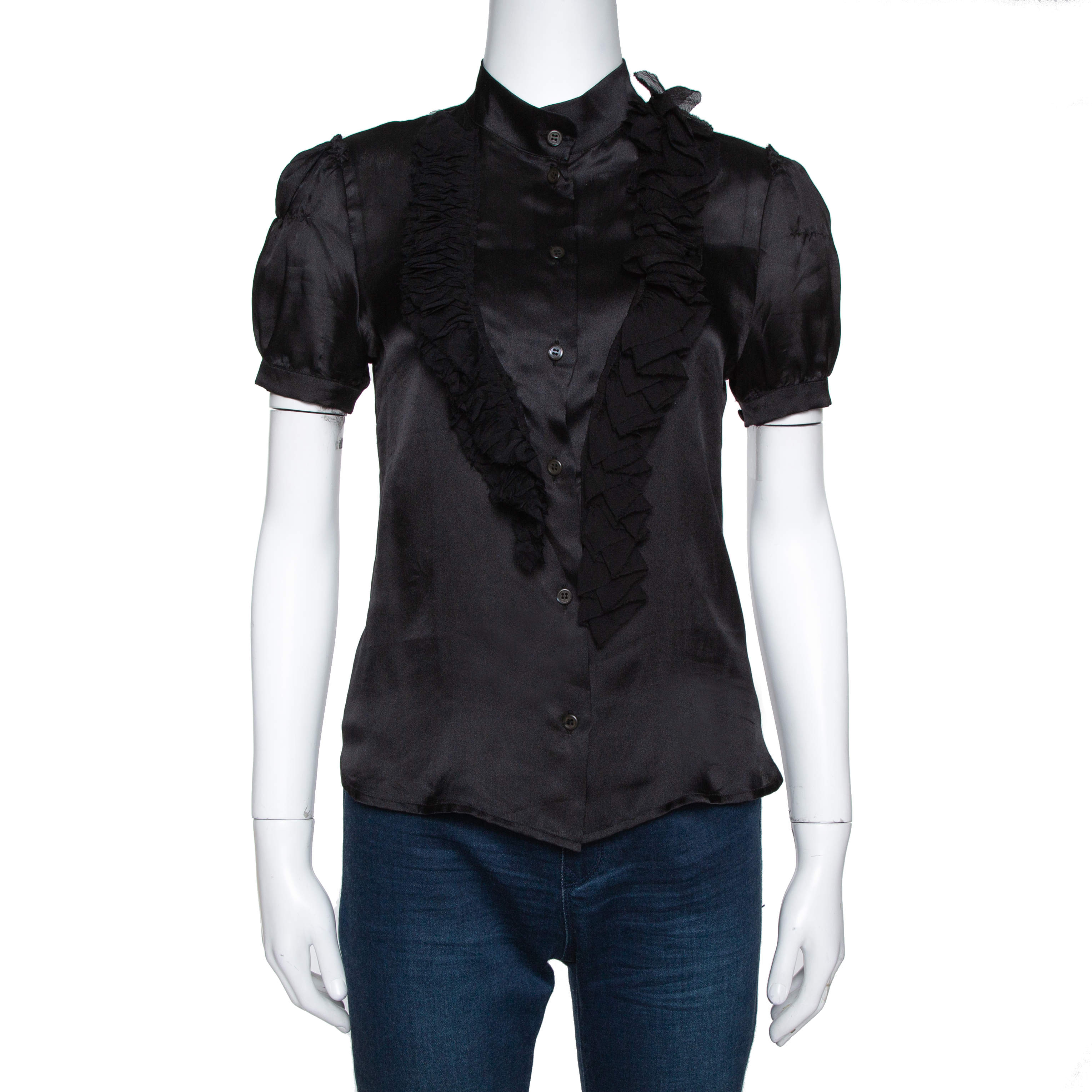 Prada Black Silk Ruffle Trim Button Front Shirt M