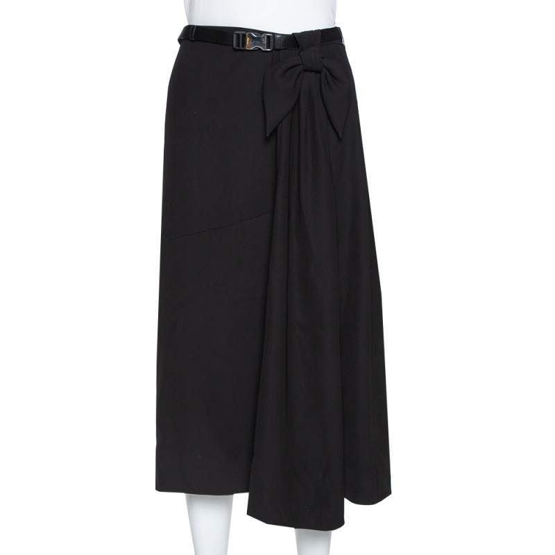 Pre Owned Prada Black Crepe Bow Detail Belted Midi Skirt S