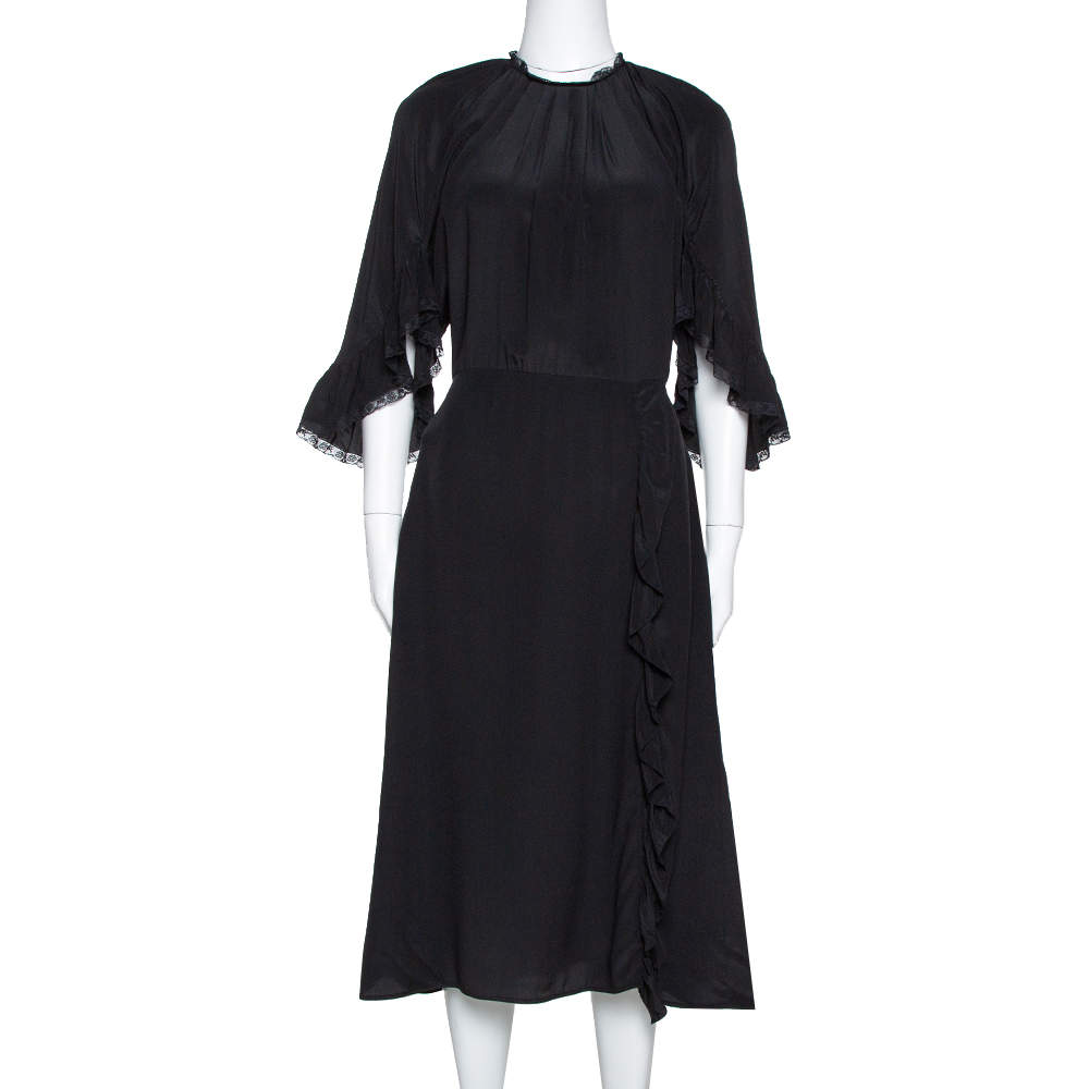 Prada Black Silk Lace Trim Ruffled Midi Dress M