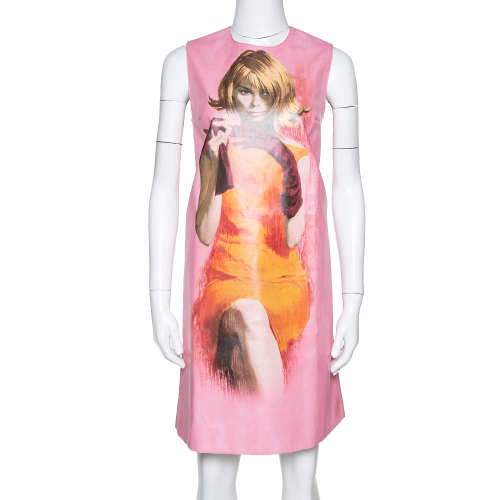 Pre Owned Prada Pink Poster Girl Print Coated Cotton Sleeveless Dress S