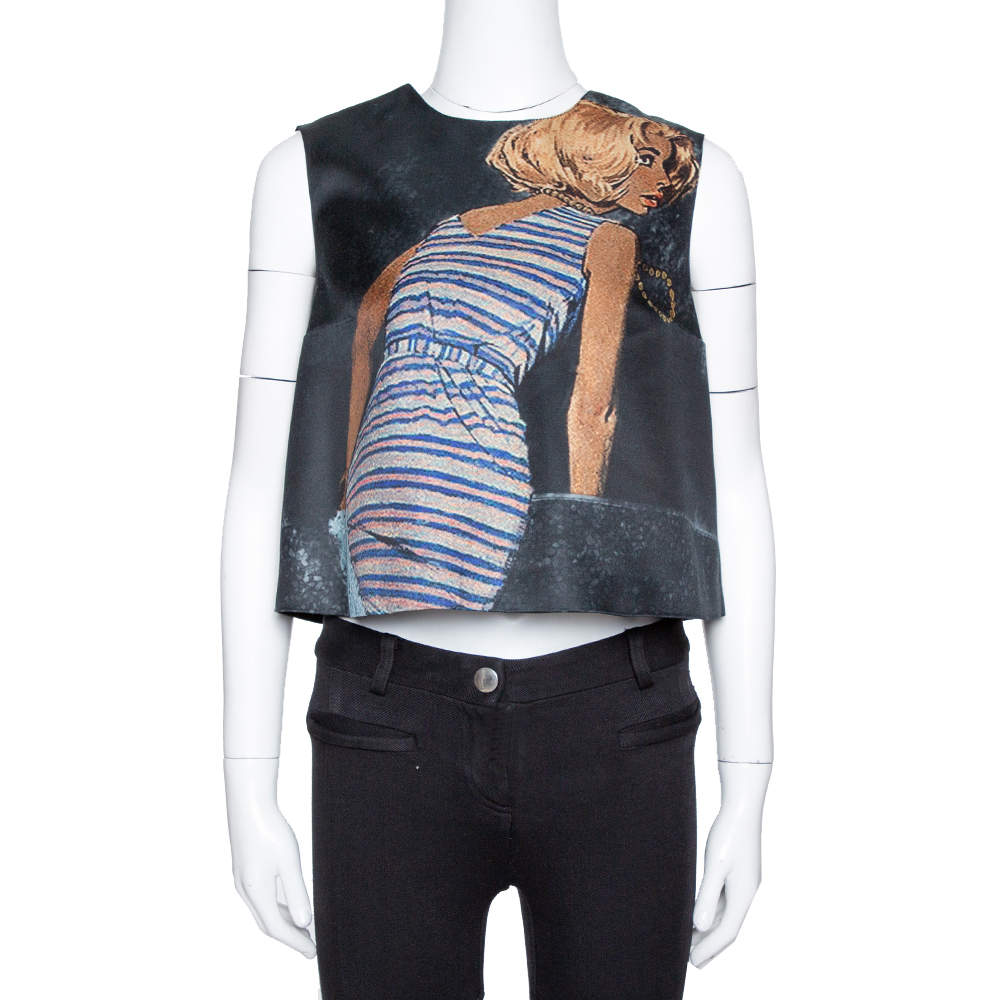 Pre Owned Prada Black Poster Girl Print Wool & Silk Mikado Top S