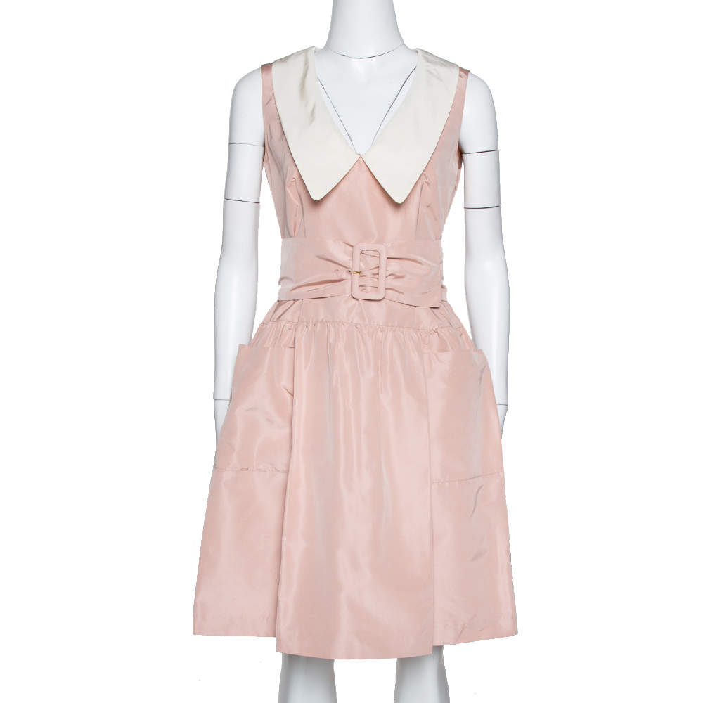 Prada Pale Peach Silk Faille Belted Flared Dress S Prada | The Luxury ...